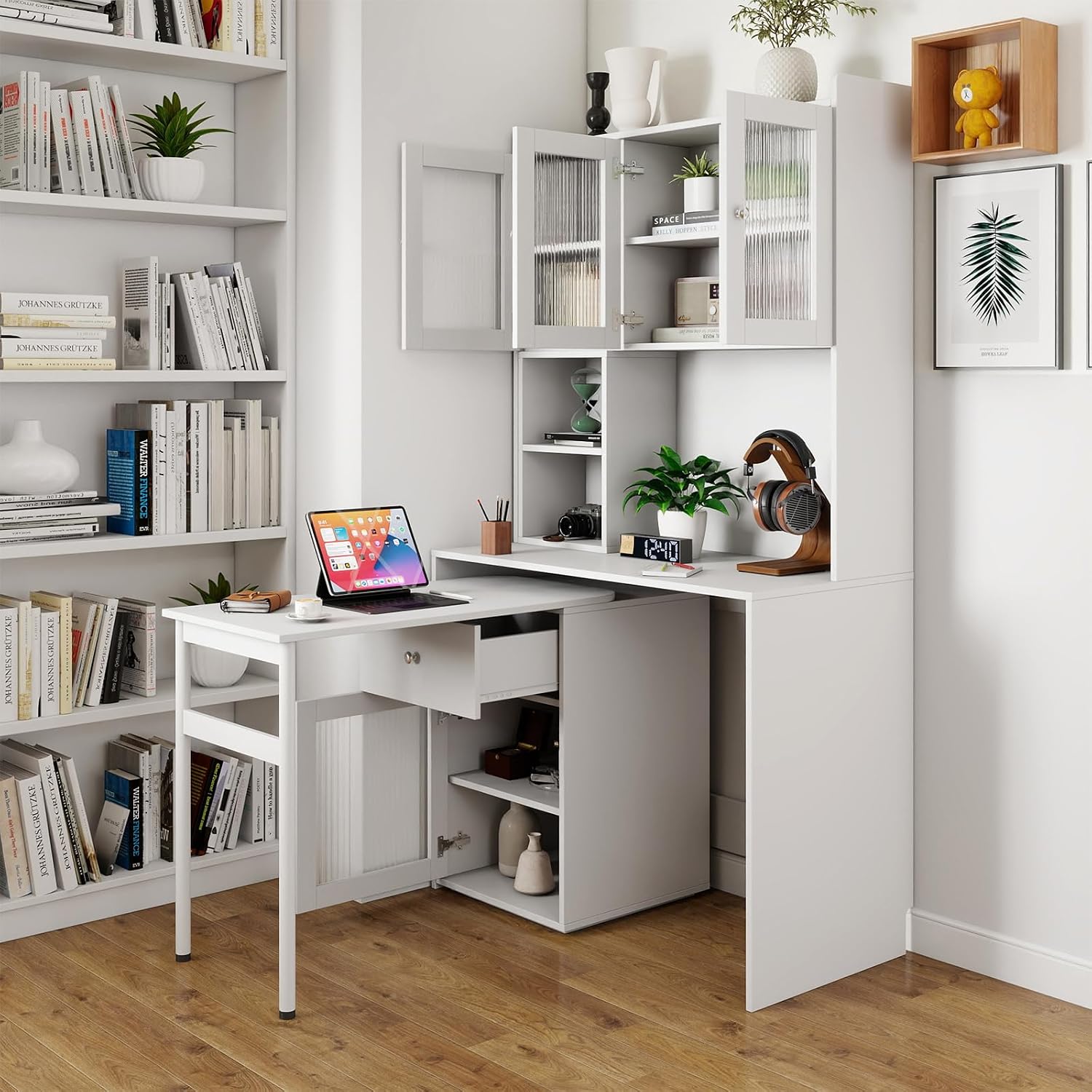 Home Office L Shaped Desk - Bureau de télétravail avec huche, armoire