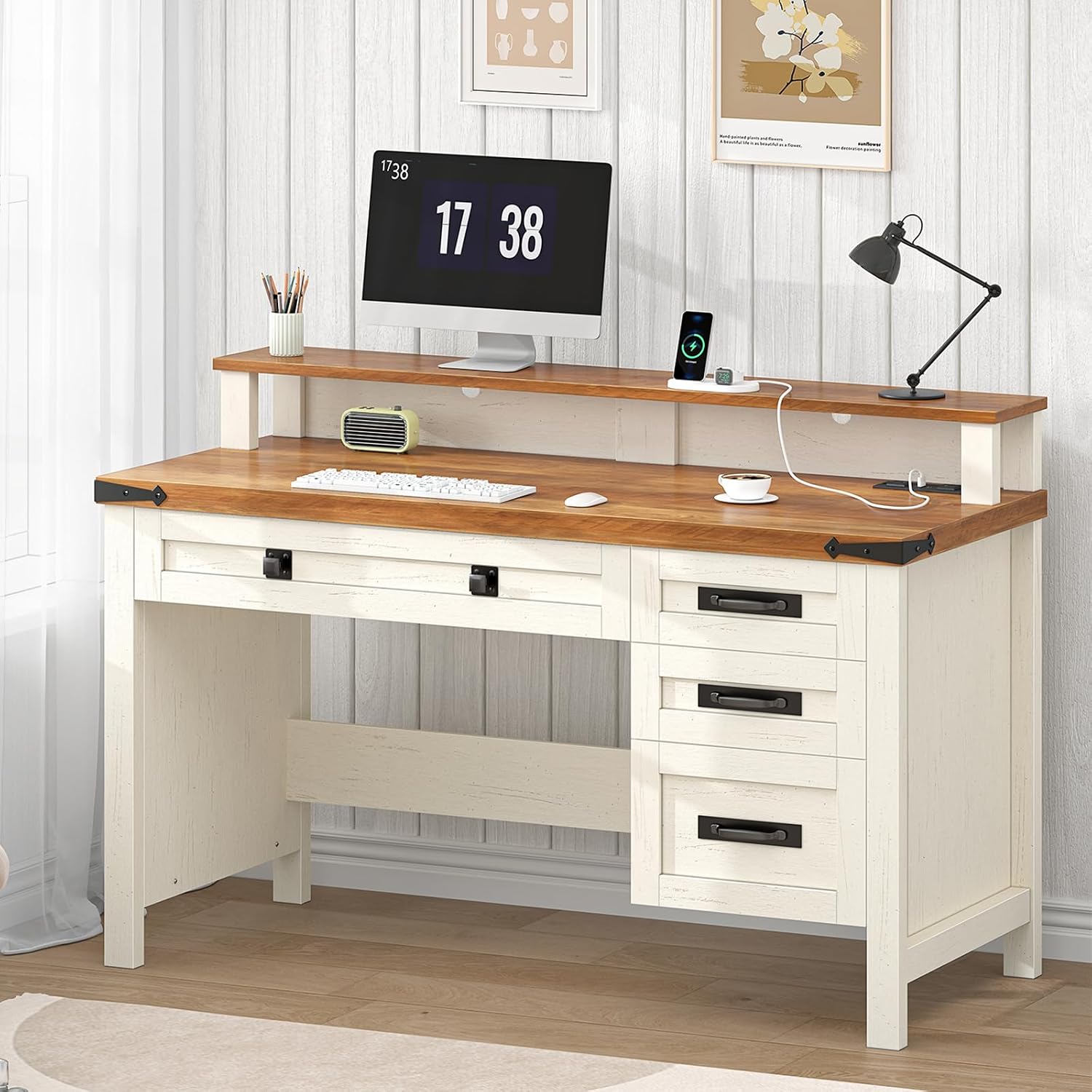 Home Office L Shaped Desk - Bureau d'ordinateur de style farmhouse de